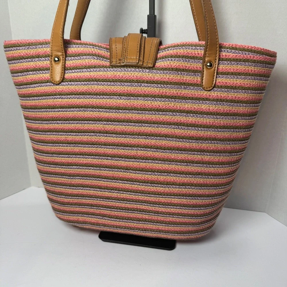 Liz Claiborne Woven Striped Multicolor Tote Shoulder Bag Tan Faux Leather Straps